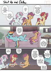 Size: 1024x1445 | Tagged: safe, artist:redheadfly, apple bloom, rainbow dash, scootaloo, sweetie belle, pegasus, pony, unicorn, g4, chillaxing, couch, cutie mark crusaders, older, older apple bloom, older scootaloo, older sweetie belle, sunglasses