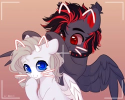 Size: 2500x2000 | Tagged: safe, artist:shelti, oc, oc only, pegasus, pony, bust, cat ears, choker, colored pupils, colored sclera, duo, duo male and female, ear fluff, female, filter, gradient background, high res, horns, male, mare, partially open wings, phone screen, raised hoof, smiling, spiked choker, stallion, underhoof, whiskers, wings