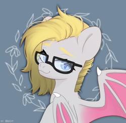 Size: 2044x2000 | Tagged: safe, artist:shelti, oc, oc only, bat pony, pony, bat wings, bust, colored pupils, female, glasses, gray background, high res, looking at you, looking back, looking back at you, mare, simple background, slit pupils, smiling, solo, spread wings, wings
