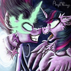 Size: 1024x1024 | Tagged: safe, artist:angelwingsmlpfim, sci-twi, twilight sparkle, alicorn, pony, equestria girls, g4, boop, duo, equestria girls ponified, evil smile, female, grin, mare, midnight sparkle, mirror, mirror portal, noseboop, ponified, signature, smiling, twilight sparkle (alicorn)