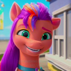 Size: 1080x1080 | Tagged: safe, screencap, sunny starscout, earth pony, pony, g5, growing pains, my little pony: make your mark, my little pony: make your mark chapter 2, spoiler:my little pony: make your mark, spoiler:my little pony: make your mark chapter 2, spoiler:mymc02e02, bag, cropped, eyebrows, female, fluttershy's cutie mark, mane stripe sunny, mare, open mouth, open smile, rainbow dash's cutie mark, raised eyebrow, saddle bag, smiling, solo, twilight sparkle's cutie mark