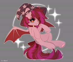 Size: 2356x1984 | Tagged: safe, artist:shelti, oc, oc only, bat pony, pony, bat wings, bow, choker, colored pupils, commission, female, flying, gray background, hat, mare, simple background, solo, spread wings, tail, tail bow, underhoof, wings, witch hat