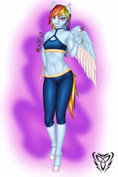 Size: 3000x4500 | Tagged: safe, alternate version, artist:wraith148, rainbow dash, anthro, unguligrade anthro, g4, clothes, colored wings, colored wingtips, female, flower, leggings, purple background, signature, simple background, solo, sports bra, violet (flower), wings, workout outfit