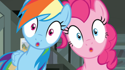 Size: 1920x1080 | Tagged: safe, screencap, pinkie pie, rainbow dash, earth pony, pegasus, pony, daring done?, g4, my little pony: friendship is magic, :o, a.k. yearling's cottage, close-up, duo, duo female, female, looking at you, mare, open mouth