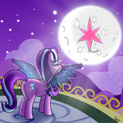 Size: 1280x1280 | Tagged: safe, artist:kirdim4ik, starlight glimmer, alicorn, pony, g4, alicornified, artificial wings, augmented, female, magic, magic wings, moon, race swap, sad, solo, starlicorn, wings, xk-class end-of-the-world scenario