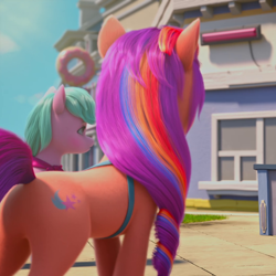 Size: 1080x1080 | Tagged: safe, screencap, dahlia, sunny starscout, earth pony, pony, g5, growing pains, my little pony: make your mark, my little pony: make your mark chapter 2, spoiler:my little pony: make your mark, spoiler:my little pony: make your mark chapter 2, back of head, butt, clothes, cropped, duo, duo female, female, mane stripe sunny, mare, plot, podium, scarf, solo focus, standing, sunny starbutt