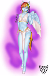 Size: 3000x4500 | Tagged: safe, alternate version, artist:wraith148, rainbow dash, anthro, unguligrade anthro, g4, breasts, colored wings, colored wingtips, ear piercing, female, flower, loincloth, piercing, signature, smiling, solo, stripper, violet (flower), wings