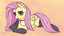 Size: 2560x1440 | Tagged: safe, artist:kirdim4ik, fluttershy, pony, g4, clothes, female, simple background, socks, solo, wallpaper