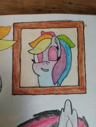 Size: 4608x3456 | Tagged: safe, artist:acid flask, rainbow dash, pegasus, pony, g4, 2d, art dump, border, drawing, female, frame, looking at you, mare, multicolored hair, paper, rainbow hair, sketch, sketch dump, smiling, smiling at you, solo, traditional art, watercolor painting