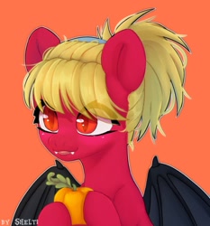 Size: 1920x2064 | Tagged: safe, artist:shelti, oc, oc only, bat pony, pony, bat wings, bust, colored pupils, commission, fangs, female, fruit, headband, hoof hold, mare, orange background, partially open wings, ponytail, simple background, slit pupils, solo, wings