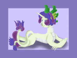 Size: 2000x1500 | Tagged: safe, artist:sh4deshad0w41, oc, oc only, dracony, dragon, hybrid, pony, unicorn, adoptable, horn, interspecies offspring, lying down, male, offspring, parent:rarity, parent:spike, parents:sparity, prone, smiling, solo