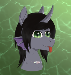 Size: 1209x1284 | Tagged: safe, artist:dyonys, half-siren, hybrid, pony, :p, abstract background, bust, commission, curved horn, fangs, fins, grin, horn, kellin quinn, looking at you, male, ponified, scales, sleeping with sirens, slit pupils, smiling, solo, tongue out