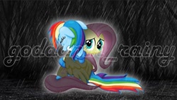 Size: 703x400 | Tagged: safe, artist:goddamn_rainy, fluttershy, rainbow dash, g4, comforting, crying, female, hug, lesbian, rain, sad, ship:flutterdash, shipping, watermark