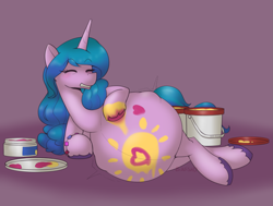 Size: 1949x1471 | Tagged: safe, artist:bumpywish, izzy moonbow, pony, unicorn, g5, beautiful, belly, belly painting, big belly, blushing, bracelet, eyes closed, female, friendship bracelet, izzy mombow, jewelry, kicking, mare, paint, pregnant, smiling, solo