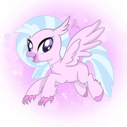 Size: 699x701 | Tagged: safe, artist:pledikart, silverstream, classical hippogriff, hippogriff, g4, abstract background, female, jewelry, looking at you, necklace, open mouth, open smile, smiling, solo, spread wings, wings