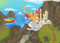 Size: 1397x1014 | Tagged: safe, artist:ydalirwendigo, rainbow dash, scootaloo, pegasus, pony, g4, canterlot, duo, female, scootaloo can fly, scootalove