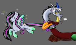 Size: 1260x745 | Tagged: safe, artist:ydalirwendigo, discord, oc, oc:quill pen, draconequus, pegasus, pony, g4, female, gray background, male, pegasus oc, simple background