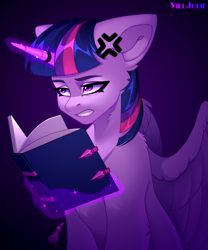 Size: 2000x2400 | Tagged: safe, artist:villjulie, twilight sparkle, alicorn, pony, g4, book, cross-popping veins, emanata, female, glowing, glowing horn, high res, horn, magic, mare, signature, solo, telekinesis, twilight sparkle (alicorn), unamused