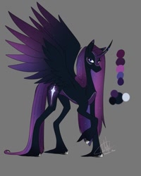 Size: 715x892 | Tagged: safe, artist:shackle_moon, oc, oc only, alicorn, pony, alicorn oc, black coat, color palette, colored wings, concave belly, curved horn, ethereal mane, galaxy mane, gradient wings, gray background, horn, long feather, purple mane, raised hoof, simple background, slender, solo, thin, unshorn fetlocks, wings