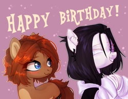 Size: 1166x900 | Tagged: safe, artist:shelti, oc, oc only, oc:owl, earth pony, pony, birthday, blushing, clothes, colored pupils, countershading, duo, duo female, ear piercing, earring, exclamation point, fangs, female, grin, happy, jewelry, long sleeves, mare, one eye closed, piercing, pink background, simple background, smiling, standing, text, wink