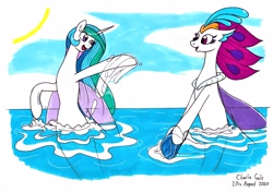 Size: 3487x2461 | Tagged: safe, artist:killerteddybear94, princess celestia, queen novo, alicorn, seapony (g4), g4, my little pony: the movie, cloud, crown, cute, cutelestia, dorsal fin, duo, duo female, eyelashes, female, fin, fin wings, fins, flowing mane, high res, horn, jewelry, looking at each other, looking at someone, mare, multicolored hair, novobetes, ocean, open mouth, open smile, purple eyes, purple mane, regalia, seaponified, seapony celestia, signature, sky, smiling, smiling at each other, species swap, splashing, swimming, traditional art, water, wings