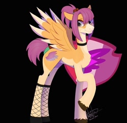 Size: 712x692 | Tagged: safe, artist:shackle_moon, oc, pony, black background, concave belly, fishnet clothing, fishnet stockings, raised hoof, simple background, solo