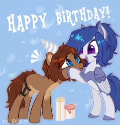 Size: 954x1000 | Tagged: safe, artist:shelti, oc, oc only, oc:owl, earth pony, pegasus, pony, bipedal, bipedal leaning, birthday, blue background, blushing, colored pupils, countershading, duo, duo female, ear piercing, earring, exclamation point, fangs, female, folded wings, happy, jewelry, leaning, mare, one eye closed, open mouth, piercing, present, simple background, smiling, standing, text, wings, wink