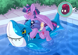 Size: 4093x2894 | Tagged: safe, alternate version, artist:sugaryviolet, tempest shadow, twilight sparkle, alicorn, pony, g4, blood, blushing, commission, dusk shine, eyes closed, high res, implied princess celestia, implied princess luna, inflatable shark, inner tube, male, nosebleed, offscreen character, onomatopoeia, pool toy, rule 63, smiling, solo, stallion, swimming pool, twilight sparkle (alicorn), water wings