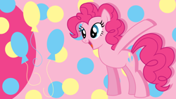 Size: 1920x1080 | Tagged: safe, artist:blackgryph0n, artist:kysss90, artist:princessmedley13, edit, pinkie pie, earth pony, pony, g4, cutie mark, female, mare, open mouth, open smile, polka dot background, polka dots, raised hoof, smiling, solo, wallpaper, wallpaper edit
