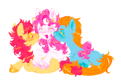 Size: 1280x879 | Tagged: safe, artist:webkinzworldz, patch (g1), sweetheart, teddy, earth pony, pony, g1, my little pony tales, bisexual, bisexual female, blush scribble, blushing, cheek kiss, chest fluff, colored eyelashes, colored hooves, crack shipping, cuddling, eyes closed, eyeshadow, female, hoof polish, kiss sandwich, kissing, lesbian, lying down, makeup, male, open mouth, polyamory, polygamy, prone, ship:sweetpatch, ship:teddyheart, ship:teddyheartpatch, ship:teddypatch, shipping, simple background, smiling, straight, transparent background, trio, unshorn fetlocks
