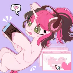 Size: 2000x2000 | Tagged: safe, artist:shelti, oc, pony, unicorn, colored pupils, commission, female, freckles, gaming, happy, headphones, heart, high res, hoof hold, horn, lying down, mare, nintendo switch, on back, ponytail, purple background, simple background, solo, speech bubble, tongue out