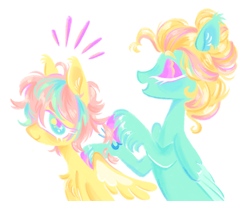 Size: 1280x1028 | Tagged: safe, artist:webkinzworldz, fluttershy, zephyr breeze, pegasus, pony, g4, alternate hairstyle, braiding, chest fluff, closed mouth, colored eyelashes, colored hooves, duo, ear fluff, ear tufts, eyes closed, eyeshadow, folded wings, gender headcanon, hair bun, haircut, makeup, male, open mouth, scissors, siblings, simple background, smiling, sparkly eyes, spread wings, stallion, trans fluttershy, trans male, transgender, transmasculine, unshorn fetlocks, white background, wingding eyes, wings