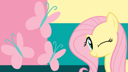 Size: 1920x1080 | Tagged: safe, artist:blackgryph0n, artist:princessmedley13, artist:the smiling pony, edit, fluttershy, pegasus, pony, g4, abstract background, cutie mark, female, looking at you, mare, one eye closed, smiling, smiling at you, solo, wallpaper, wallpaper edit, wink, winking at you