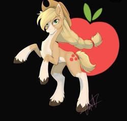 Size: 703x670 | Tagged: safe, applejack, earth pony, pony, g4, abstract background, apple, applejack's hat, coat markings, cowboy hat, food, hairband, hat, rearing, redesign, solo