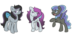 Size: 1500x750 | Tagged: safe, artist:fairiegirl101, oc, oc only, oc:felicity, oc:lilac aria, oc:sable blush, earth pony, pegasus, pony, earth pony oc, magical lesbian spawn, offspring, parent:octavia melody, parent:rarity, parents:raritavia, pegasus oc, simple background, trio, white background