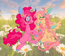 Size: 1280x1103 | Tagged: safe, artist:peaceandlove26, fluttershy, pinkie pie, earth pony, pegasus, pony, g4, blushing, duo, female, flower, flower in hair, lesbian, looking at each other, looking at someone, real life background, ship:flutterpie, shipping, smiling, smiling at each other