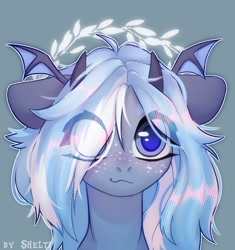 Size: 1000x1062 | Tagged: safe, artist:shelti, oc, oc only, pony, bust, commission, eye clipping through hair, female, freckles, gray background, hair over one eye, horns, looking at you, mare, simple background, smiling, solo, wings