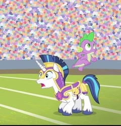 Size: 395x412 | Tagged: safe, screencap, shining armor, spike, dragon, pony, unicorn, g4, duo, male, open mouth, stallion