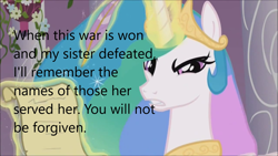 Size: 1280x720 | Tagged: safe, edit, edited screencap, screencap, princess celestia, alicorn, pony, derpibooru, g4, the crystal empire, angry, bust, caption, downvote bait, female, image macro, mare, meta, op is a duck, solo, text, threatening