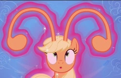 Size: 623x400 | Tagged: safe, screencap, applejack, breezie, g4, breeziefied, bust, magic, magic aura, missing accessory, portrait, sky, solo, species swap, transformation