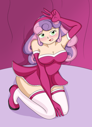 Size: 1024x1416 | Tagged: safe, artist:fairiegirl101, sweetie belle, human, g4, breasts, busty sweetie belle, clothes, dress, female, humanized, older, older sweetie belle, socks, solo, thigh highs, thigh socks