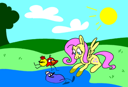Size: 1316x900 | Tagged: safe, artist:msponies, fluttershy, pegasus, pony, g4, cloud, crossover, februpony, female, looking down, lying down, mare, ms paint, outdoors, peep and the big wide world, prone, sitting, smiling, spread wings, sun, tree, water, wings
