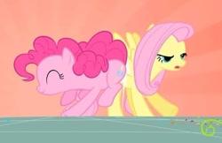 Size: 473x307 | Tagged: safe, screencap, fluttershy, pinkie pie, earth pony, pegasus, pony, g4, butt to butt, butt touch, eyes closed, female, mare