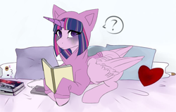 Size: 2000x1274 | Tagged: safe, artist:lolabu, twilight sparkle, alicorn, pony, g4, alternate hairstyle, bed, blanket, book, clothes, commission, cute, female, hoodie, looking at you, mare, pillow, plushie, question mark, reading, redesign, solo, twiabetes, twilight sparkle (alicorn), ych result