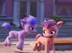 Size: 410x301 | Tagged: safe, screencap, berrybouncer, plumjumper, earth pony, pony, g5, my little pony: a new generation, spoiler:my little pony: a new generation, cropped, duo, female, filly, foal, maretime bay, open mouth, playing, running