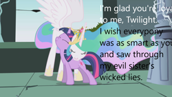 Size: 1280x720 | Tagged: safe, edit, edited screencap, screencap, princess celestia, twilight sparkle, alicorn, pony, unicorn, derpibooru, friendship is magic, g4, caption, downvote bait, image macro, meta, neck nuzzle, nuzzling, op is a duck, text