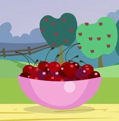 Size: 384x391 | Tagged: safe, screencap, g4, season 5, the mane attraction, apple, apple tree, berry, bowl, cherry, cropped, food, fruit, no pony, tree