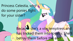 Size: 1280x720 | Tagged: safe, edit, edited screencap, screencap, fluttershy, princess celestia, alicorn, pegasus, pony, derpibooru, g4, keep calm and flutter on, caption, downvote bait, image macro, meta, op is a duck, propaganda, text