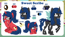 Size: 1200x689 | Tagged: safe, artist:jennieoo, oc, oc:sweet scribe, changeling, pony, unicorn, amazed, cutie mark, fangs, glasses, laughing, ponytail, reference, reference sheet, show accurate, solo, vector