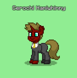 Size: 820x826 | Tagged: safe, oc, oc only, oc:gerochi hamiwhinny, bat pony, bat pony unicorn, hybrid, pony, unicorn, clothes, crystal curtain: world aflame, green background, horn, necktie, neighpon, nuclear physicist, simple background, solo